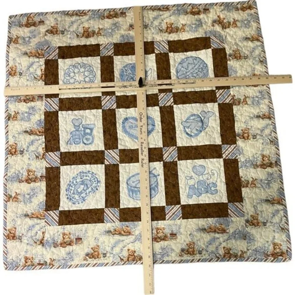 Vintage Baby Quilt With Teddy Bear & Blue Embroidery Design